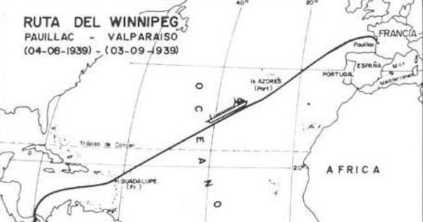 Ruta del Winnipeg : Pauillac (04-06-1939) - Valparaíso (03-09-1939)