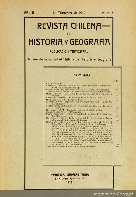 Revista chilena de historia y geografía: año II, n° 5-6, 1912