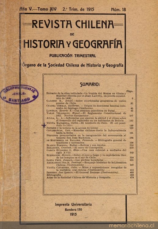 Revista chilena de historia y geografía: año V, tomo XIV, n° 18, 1915