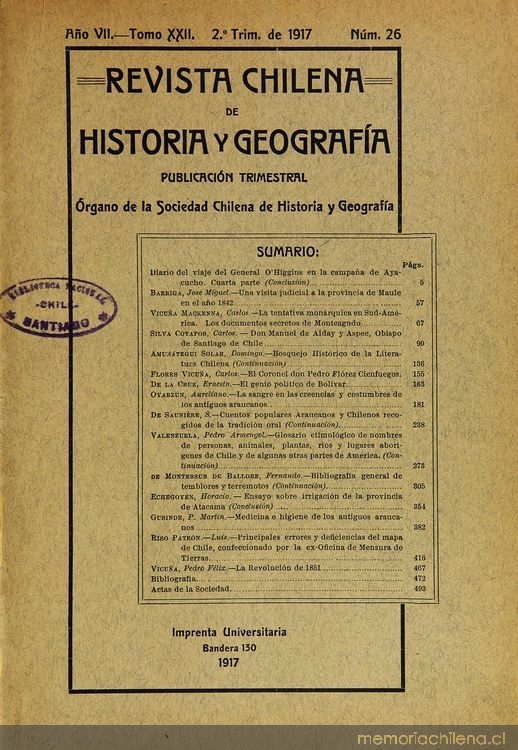 Revista chilena de historia y geografía: año VII, tomo XXII, n° 26, 1917
