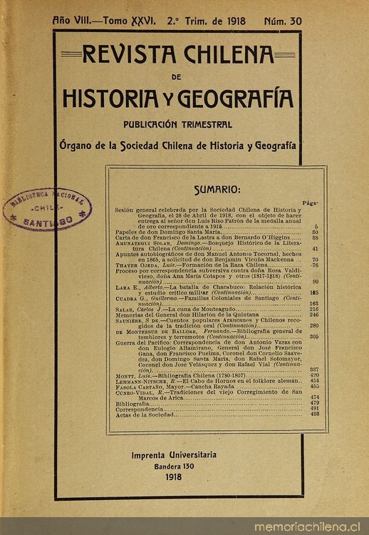 Revista chilena de historia y geografía: año VIII, tomo XXVI, n° 30, 1918