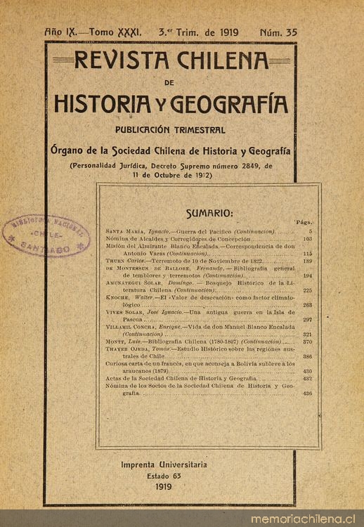 Revista chilena de historia y geografía: año IX, tomo XXXI, n° 35, 1919
