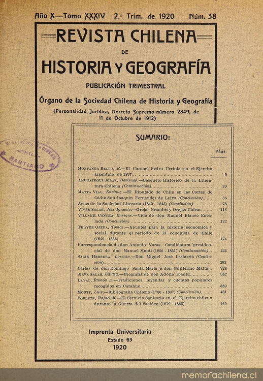Revista chilena de historia y geografía: año X, tomo XXXIV, n° 38, 1920
