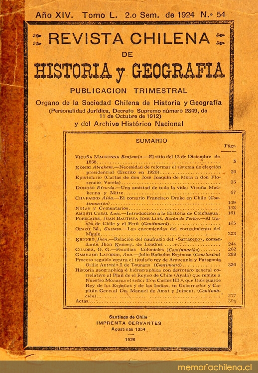 Revista chilena de historia y geografía: año XIV, tomo L, n° 54, 1924