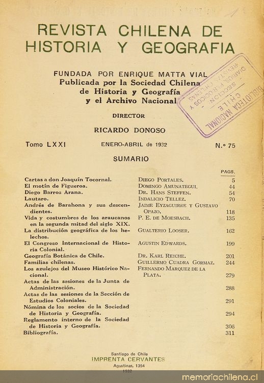 Revista chilena de historia y geografía: tomo LXXI-LXXIII, n° 75-77, enero-diciembre de 1931