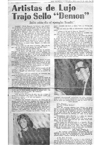 Entrevista sobre sello musical Demon y la cantante "Bambi", aparecida en la década de los 60 en el diario "Las Últimas Noticias"