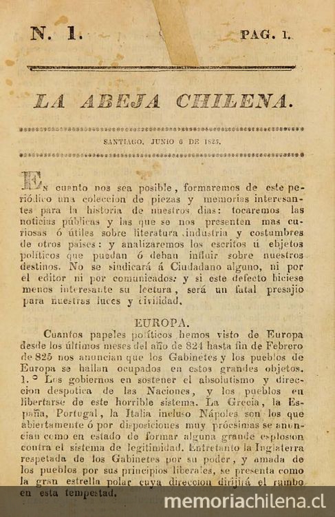 La Abeja Chilena: n° 1-8, 6 de junio a 21 de septiembre de 1825