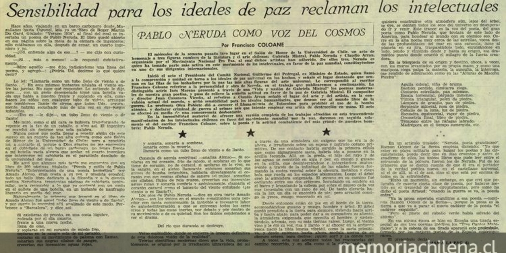 Sensibilidad para los ideales de paz reclaman los intelectuales: Pablo Neruda como voz del cosmos