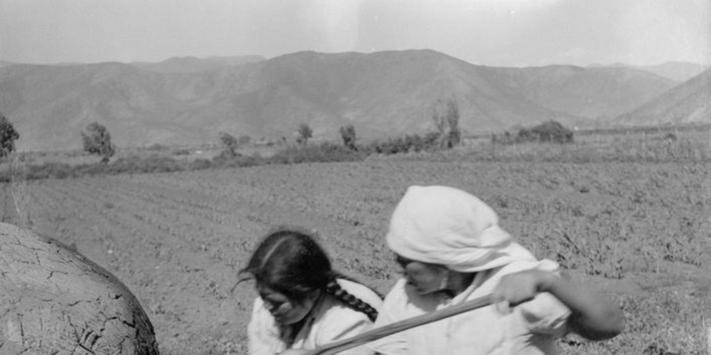 Mujeres campesinas sacando pan amasado de un horno de barro