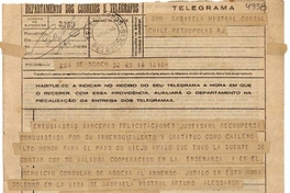 [Telegrama] 1945 nov. 16, Santiago, Chile [a] Gabriela Mistral, Consul Chile, Petropolis, RJ, [Brasil][manuscrito] /Arturo Alessandri [Palma].
