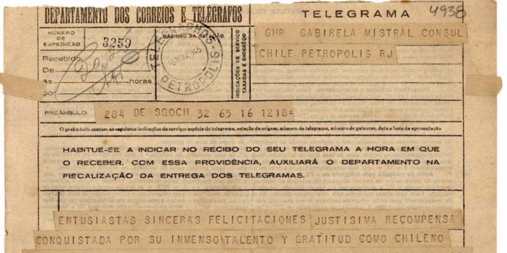 [Telegrama] 1945 nov. 16, Santiago, Chile [a] Gabriela Mistral, Consul Chile, Petropolis, RJ, [Brasil][manuscrito] /Arturo Alessandri [Palma].