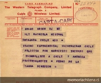 [Telegrama] 1945 nov. 17, Santiago, Chile [a] Gabriela Mistral, Embajada Chile, Rio, [Brasil][manuscrito] /Pedro de la Barra.