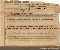 [Telegrama] 1945 nov. 17, Perkasie, Pennsylvania, [EE.UU.] [a] Gabriela Mistral, Petrópolis, [Brasil][manuscrito] /Pearl S. Buck.