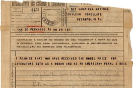 [Telegrama] 1945 nov. 17, Perkasie, Pennsylvania, [EE.UU.] [a] Gabriela Mistral, Petrópolis, [Brasil][manuscrito] /Pearl S. Buck.