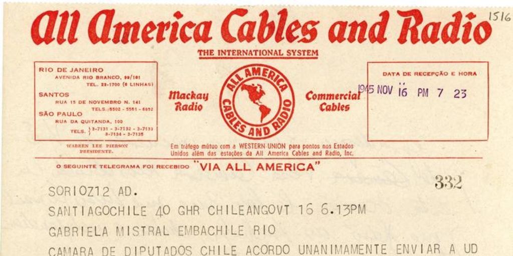 [Telegrama] 1945 nov. 17, Santiago, Chile [a] Gabriela Mistral, Embajada Chile, Rio, [Brasil][manuscrito] /Pedro de la Barra.