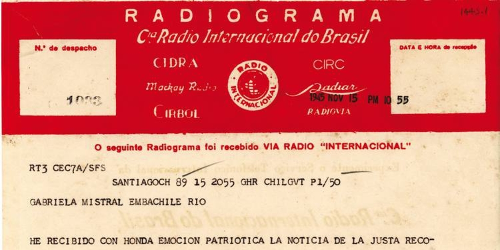 [Telegrama] 1945 nov. 15, Santiago, Chile [a] Gabriela Mistral, Río de Janeiro, Brasil[Manuscrito]/Alfredo Duhalde, Vicepresidente de la República