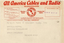 [Telegrama] 1945 nov. 17, Paris [a] Gabriela Mistral, Río de Janeiro[manuscrito] /Salvador Reyes.