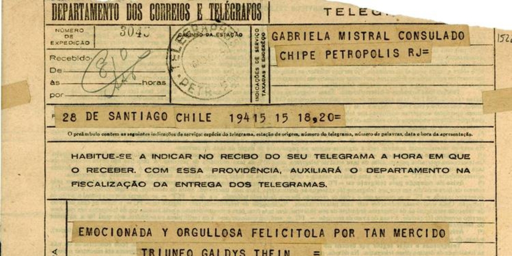 [Telegrama] 1945 nov. 16, Santiago, Chile [a] Gabriela Mistral[manuscrito] /Gladys Thein.