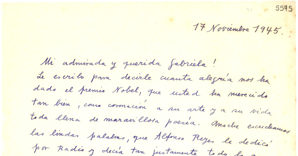 [Carta] 1945 nov. 17, Buenos Aires [a] Gabriela Mistral[manuscrito] /Norah Borges.