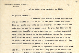 [Carta] 1945 nov. 23, México D. F. [a] Gabriela Mistral[manuscrito] /Luis Enrique Délano.
