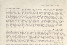[Carta] 1945 Dec. 15, Truro, [Massachusetts], [EE.UU.] [a] Gabriela [Mistral][manuscrito] /Waldo Frank.