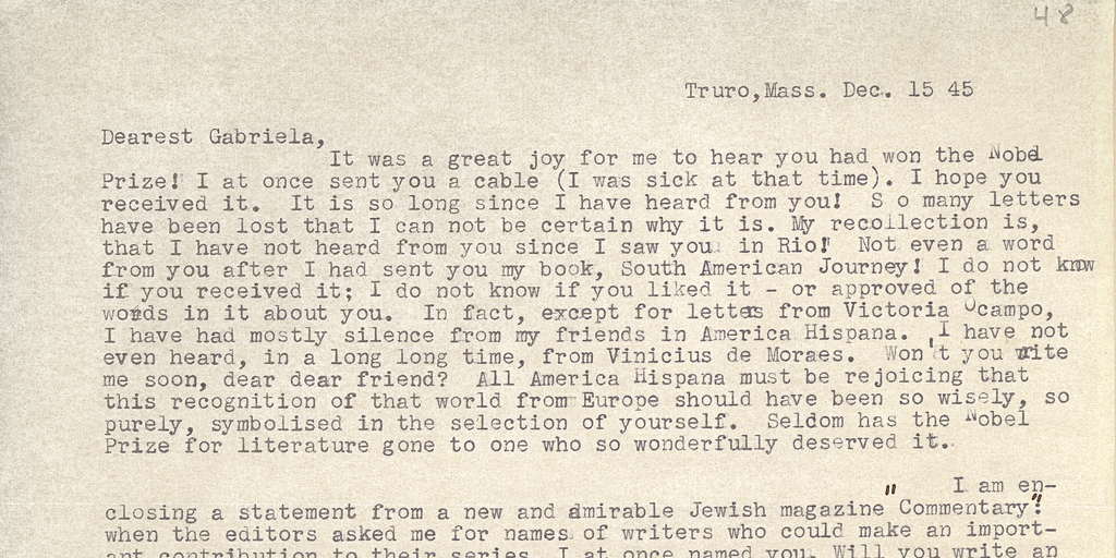 [Carta] 1945 Dec. 15, Truro, [Massachusetts], [EE.UU.] [a] Gabriela [Mistral][manuscrito] /Waldo Frank.