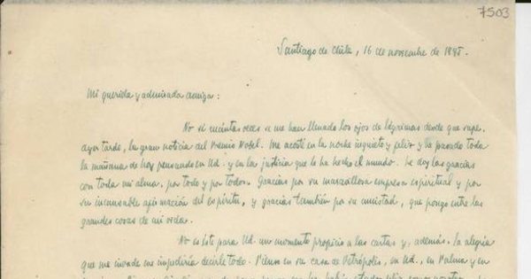 [Carta] 1945 nov. 16, Santiago de Chile [a] Gabriela Mistral[manuscrito] /Luis Oyarzún