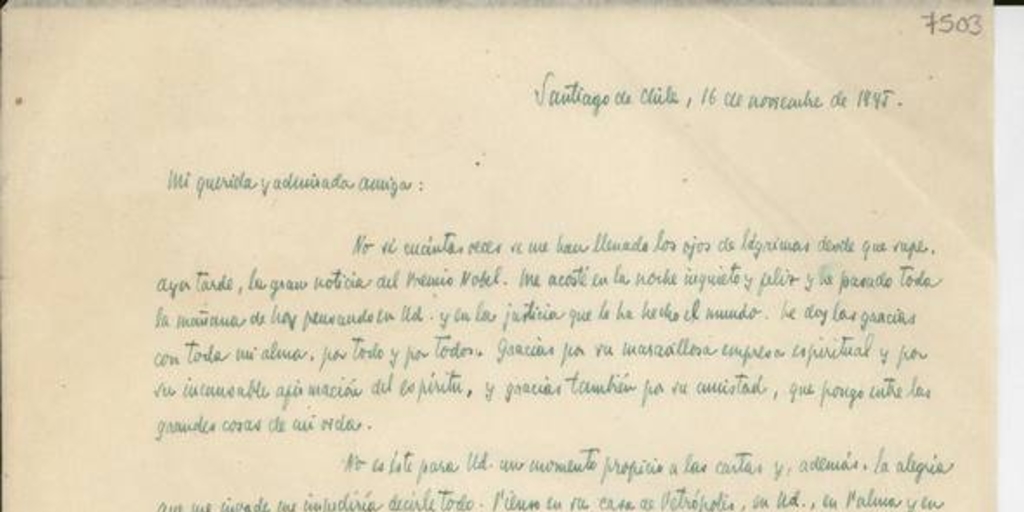 [Carta] 1945 nov. 16, Santiago de Chile [a] Gabriela Mistral[manuscrito] /Luis Oyarzún