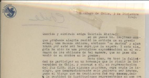 [Carta] 1945 dic. 5, Santiago, Chile [a] Gabriela Mistral[manuscrito] /Chela Reyes.
