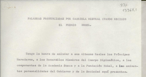 Palabras pronunciadas por Gabriela Mistral cuando recibió el Premio Nobel[manuscrito] /[Gabriela Mistral].