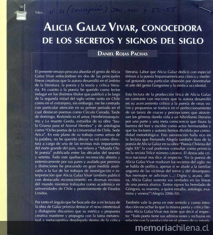 Alicia Galaz Vivar, conocedora de los secretos y signos del siglo