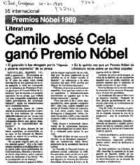 Camilo José Cela ganó Premio Nobel  [artículo].