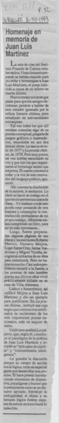Homenaje en memoria de Juan Luis Martínez  [artículo].
