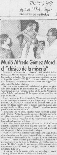 Murió Alfredo Gómez Morel, el "clásico de la miseria"
