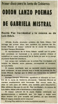 Odeon lanzó poemas de Gabriela Mistral.