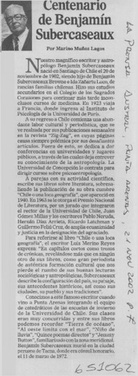 Centenario de Benjamín Subercaseaux  [artículo] Marino Muñoz Lagos