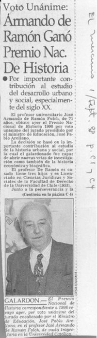Armando de Ramón ganó Premio Nac. de Historia  [artículo].