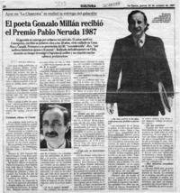 El poeta Gonzalo Millán recibió el premio Pablo Neruda 1987  [artículo] Maura Brescia.