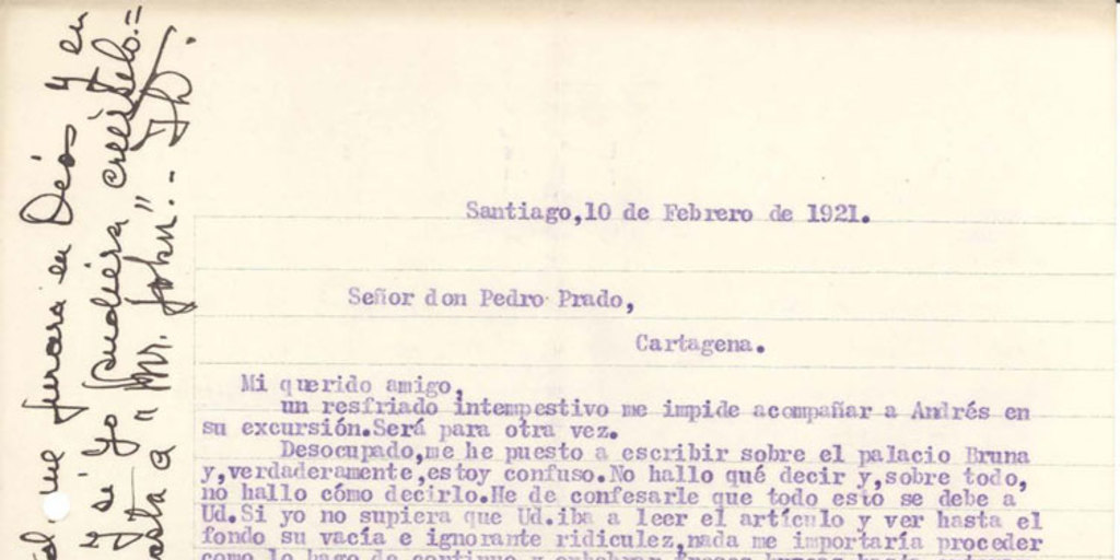 Carta a Pedro Prado, 10 de febrero de 1921, Santiago, Chile