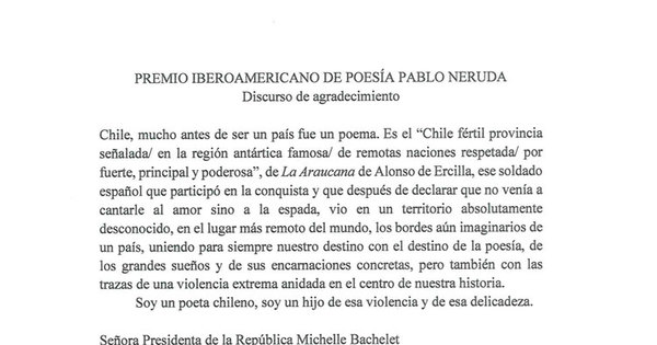 Premio Iberoamericano de Poesía Pablo Neruda. Discurso de agradecimiento