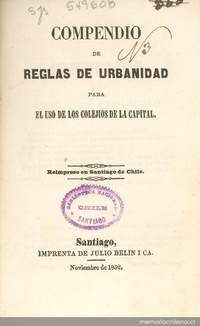 Portada de Compendio de reglas de urbanidad para el uso de los colejios de la capital, 1852