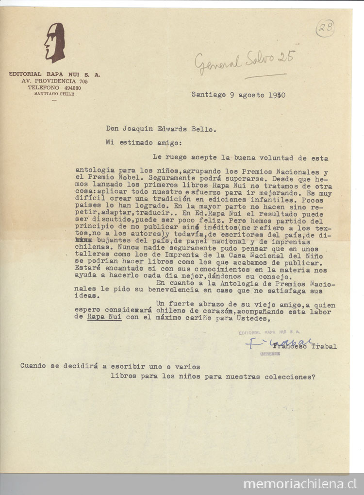 Carta a Joaquín Edwards Bello, 9 de agosto de 1950, Santiago, Chile