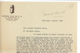 Carta a Joaquín Edwards Bello, 9 de agosto de 1950, Santiago, Chile