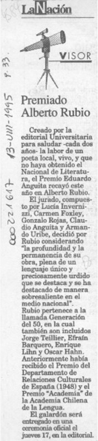 Premiado Alberto Rubio  [artículo].