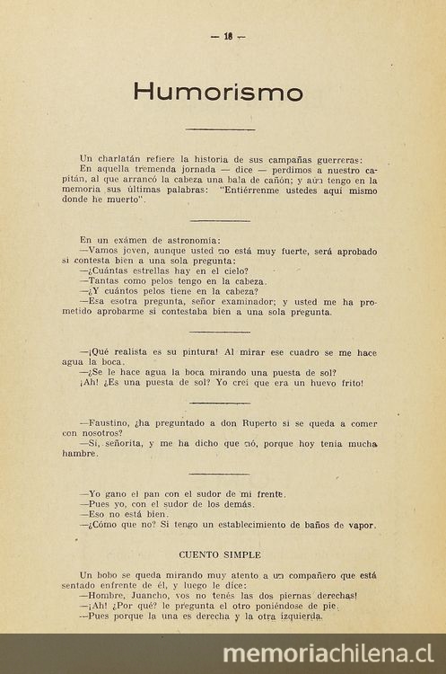 Humorismo. Ráfaga. Instituto Nacional, Santiago. Año 1, N.º 1, Agosto 1935, página 18.