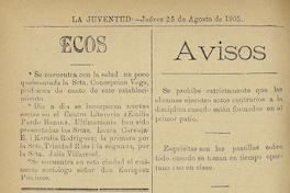 Sección de avisos del periódico semanal La Juventud del Liceo Santa Filomena. Concepción, 1905.