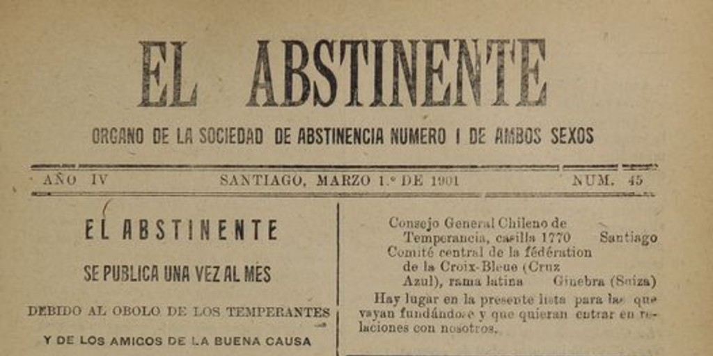El Abstinente Año IV: nº45, 1 de marzo de 1901