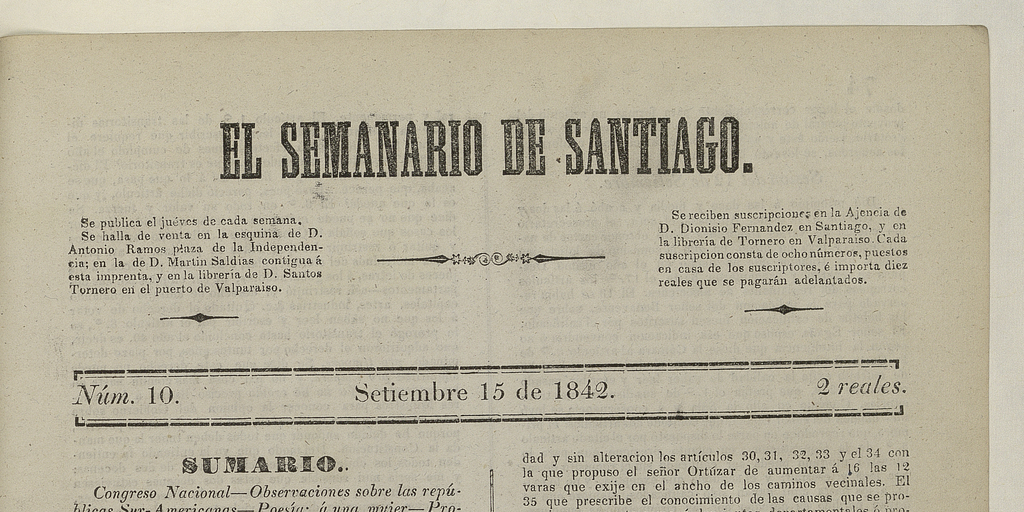 El Semanario de Santiago: número 10, 15 de septiembre de 1842
