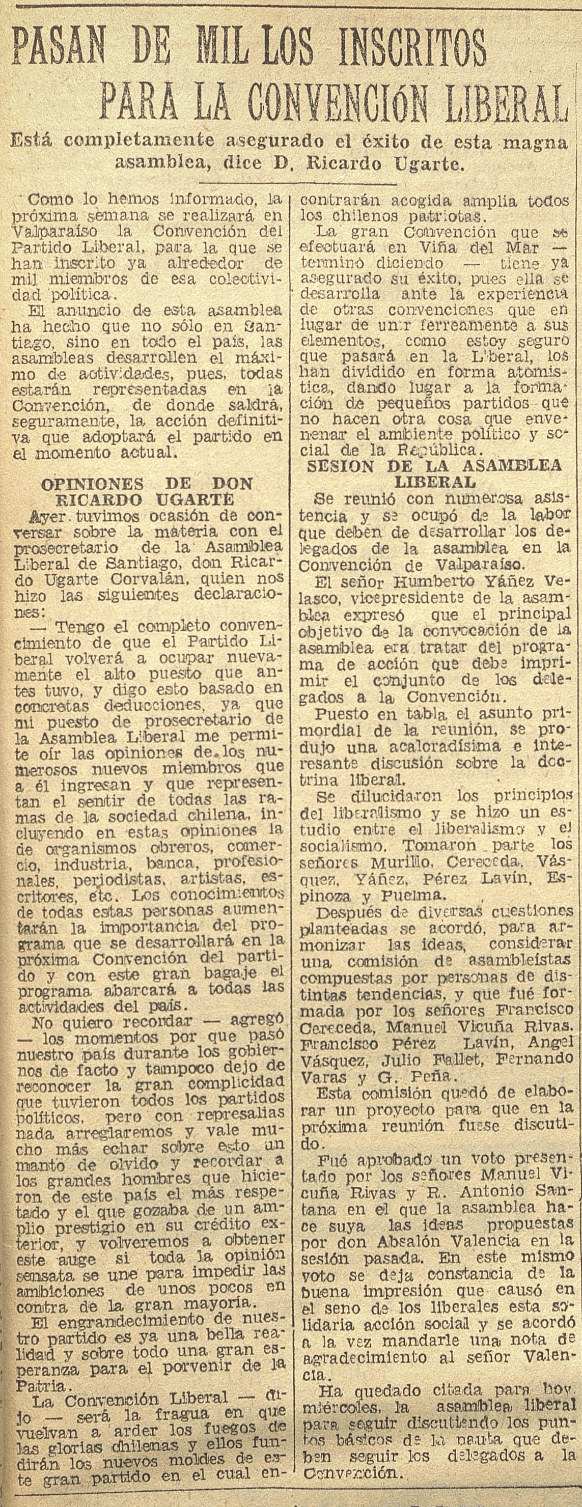 Pasan de Mil los inscritos para la Convención Liberal, Diario El Mercurio, Santiago, miércoles 4 de octubre de 1933.