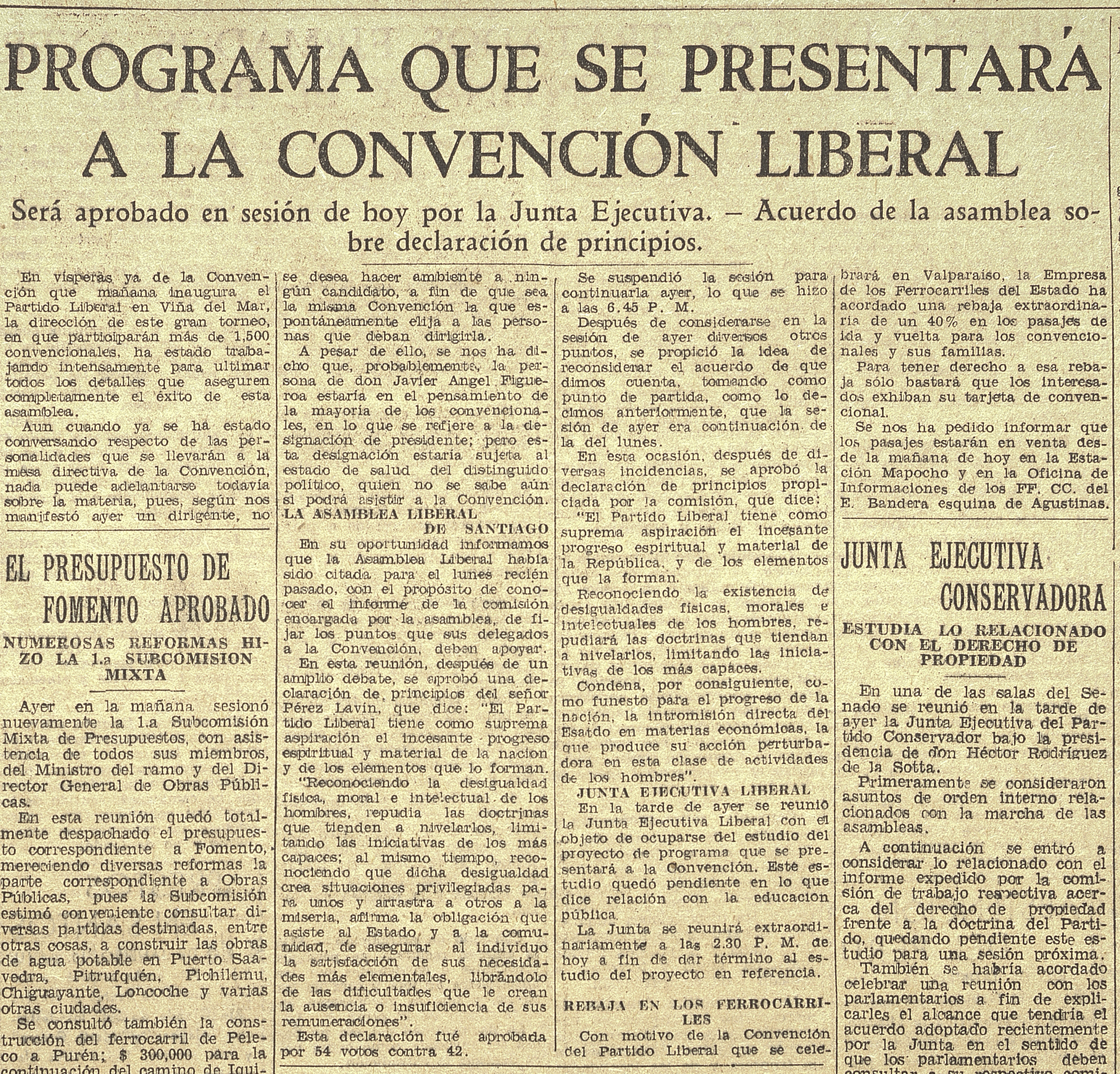 "Programa que se presentará a la Convención Liberal", Diario El mercurio, Santiago, miércoles 11 de octubre de 1933